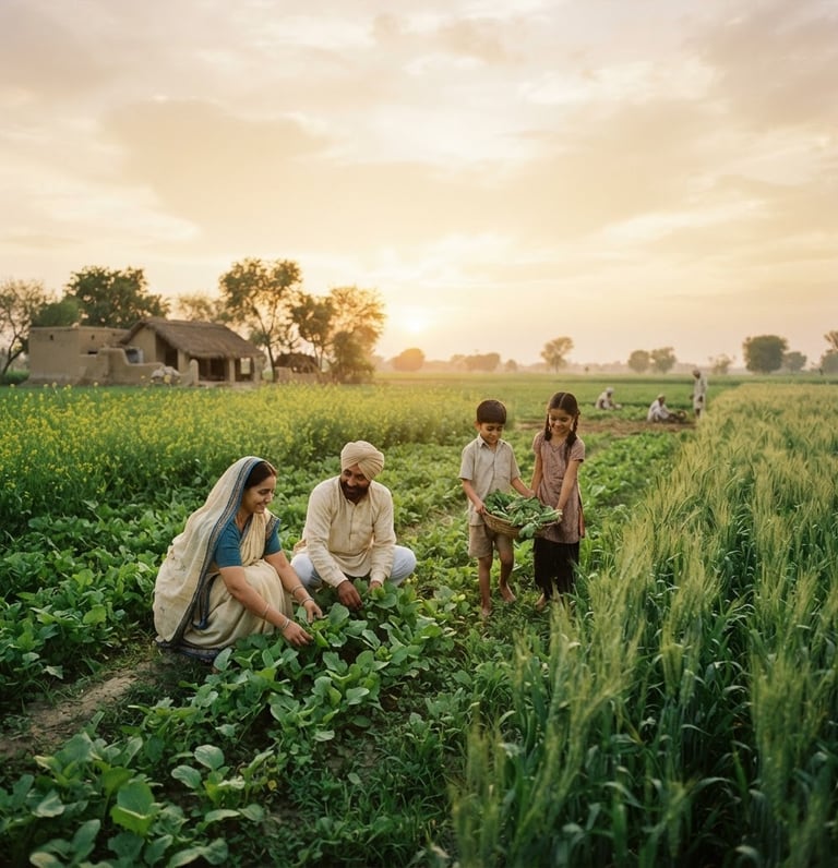 Wide shot of a serene Indian farm at golden hour, with healthy families gently tending to crops, soft, diffused light, expansive sky, low horizon, 35mm