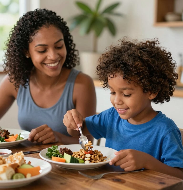 A warm kitchen scene with a mother cooking healthy meals while children happily eat around the table.