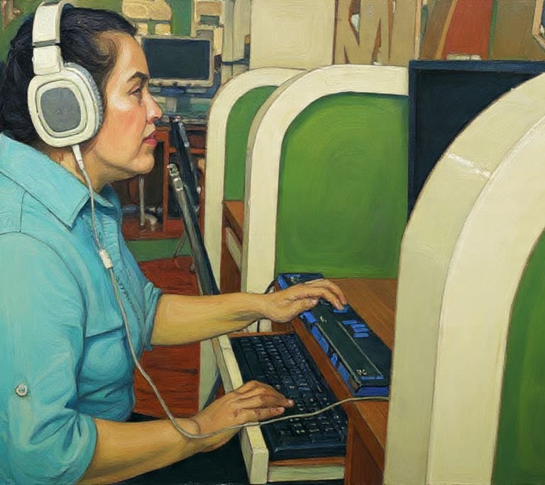 mulher se conectando na internet com fone de condução ossea e teclado assistivo