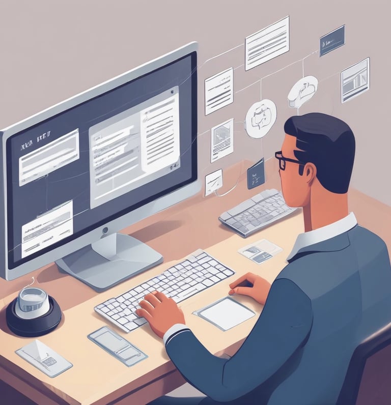 A friendly business owner happily responding to messages on a smartphone surrounded by icons of Instagram and Facebook.