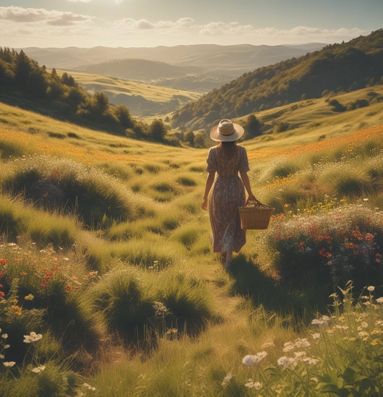 A serene morning scene with a mature woman practicing gentle yoga in a sunlit garden