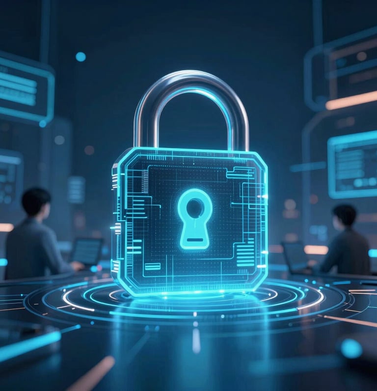 A modern workspace with a laptop displaying cybersecurity code and AI graphics on screen