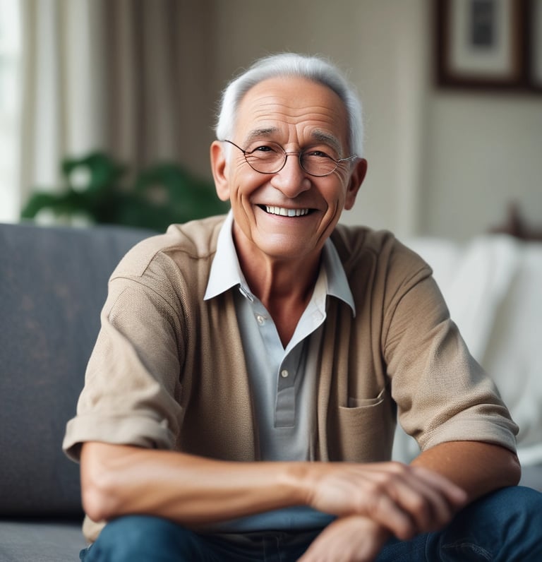 A comforting image of an elderly person using a home emergency assistance button.