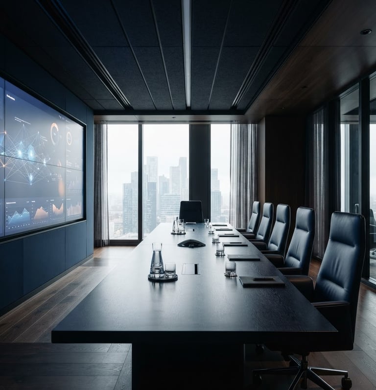 Architectural shot of a modern corporate boardroom with a long polished conference table, large screen displaying a clean data visualization, soft natural indirect daylight, deep slate and navy tones, architectural framing, 35mm, positioned to the left.