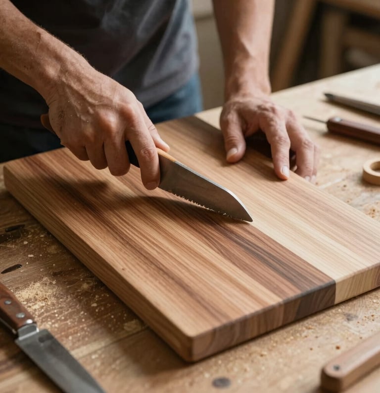 Close-up of a woodworker’s hands wearing a copper bracelet, slowly sanding a rich walnut cutting board under warm light.