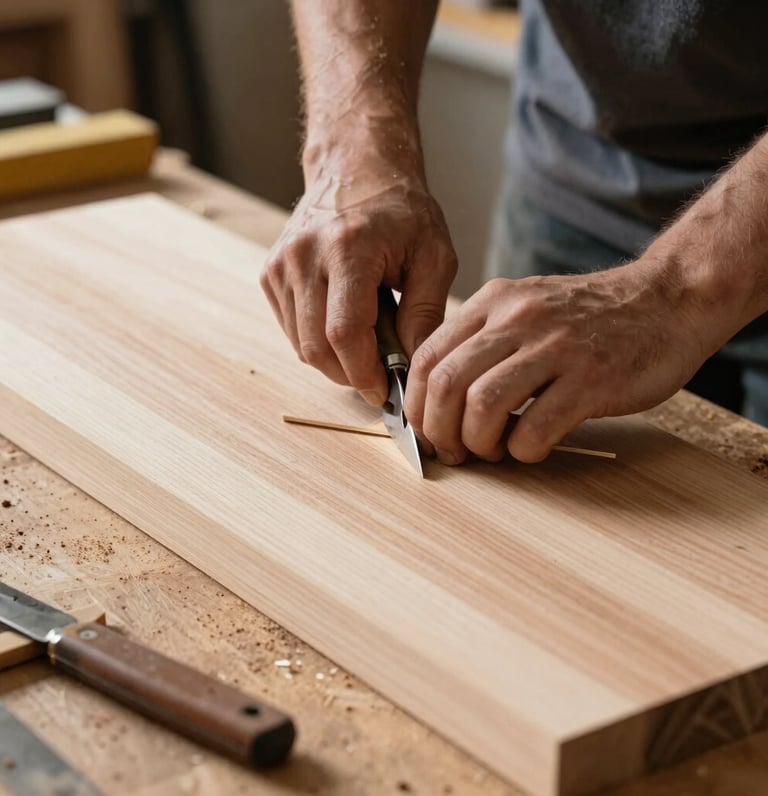 Close-up of a woodworker’s hands wearing a copper bracelet, slowly sanding a rich walnut cutting board under warm light.