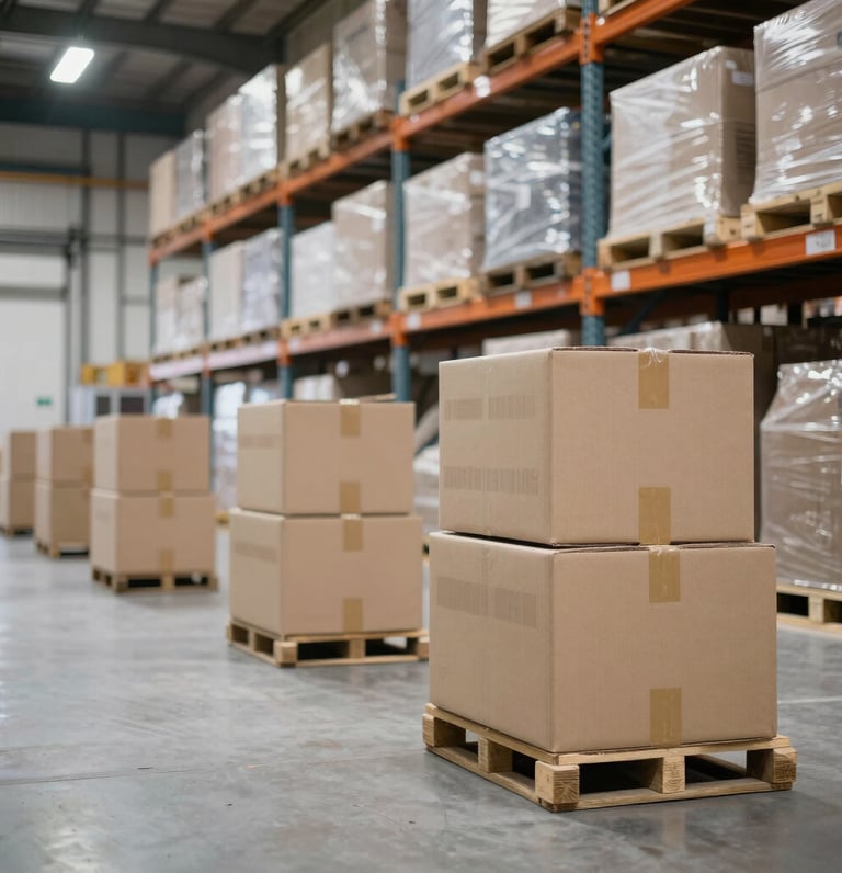 Industrial steel warehouse building with open loading bays and pallet racking for inventory storage.