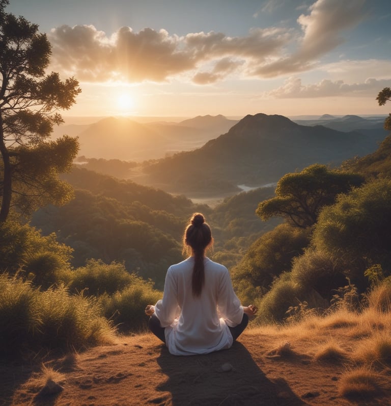 A calm person practicing deep breathing outdoors at sunrise
