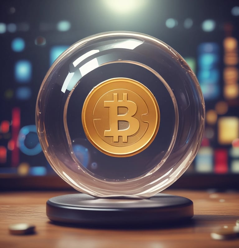 A sleek dark-themed digital dashboard glowing with neon green and blue crypto charts and icons.