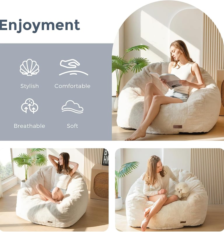 A woman reading and relaxing in a large, fluffy white faux fur bean bag chair for cozy home comfort.
