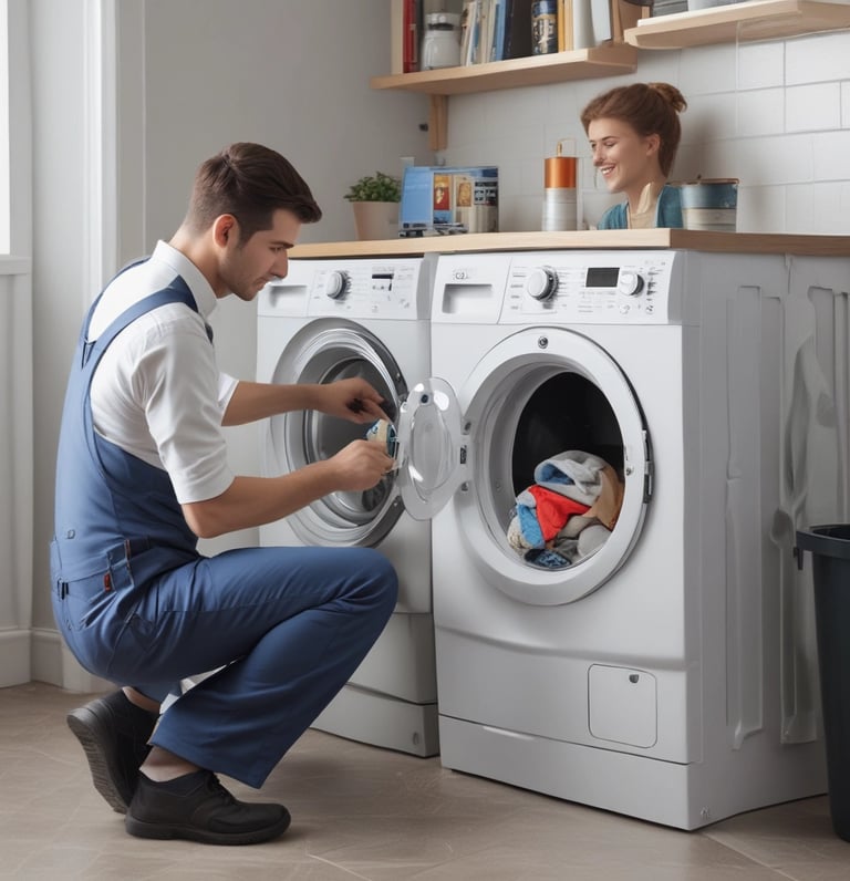 High-quality photo of a modern kitchen with a technician repairing an appliance.