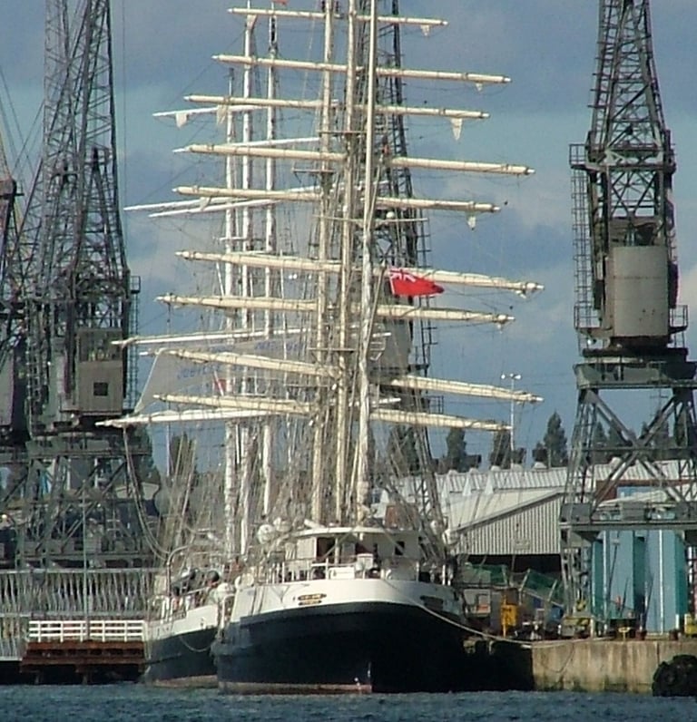 ©Nb"Sail Training Ship TENACIOUS". 2000 with sister ship. Berthed at Southampton Docks, West Quay..