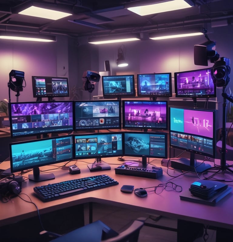 A vibrant team collaborating over live streaming setups with Indonesian market visuals.