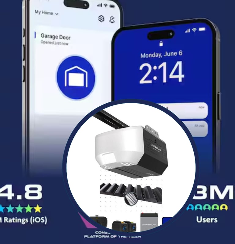 Smart Chamberlain garage door opener with smartphone app control interface and belt drive components.