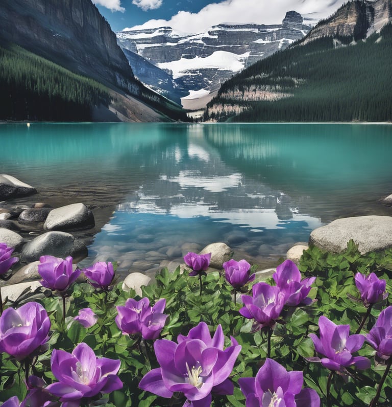 Lake Louise Rocky Mountains a lake with purple flowers and mountains in the background