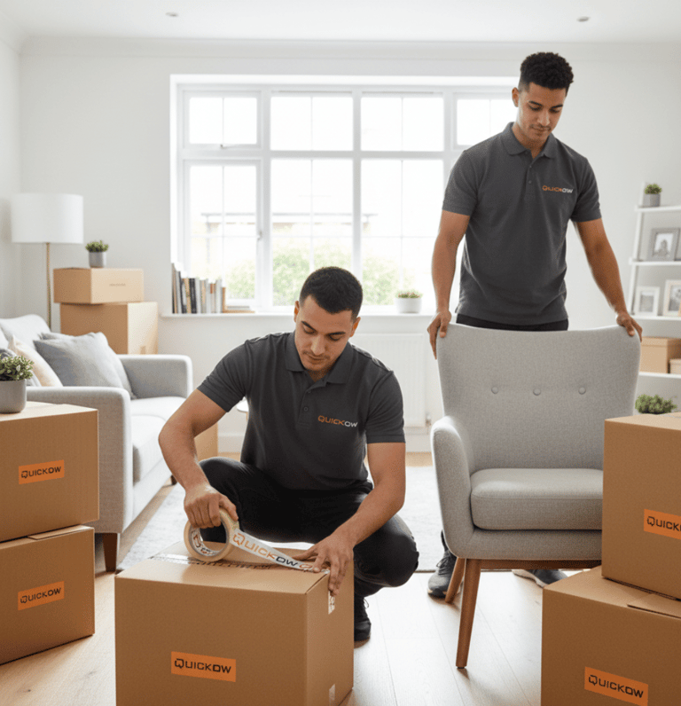 Quickow home removal team packing boxes in a UK living room.