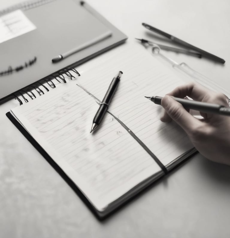 A notebook with lined paper is open, showing handwritten notes in blue ink. A blue pen is lying across the pages, and a red pen with a visible brand name is partially seen above it. The notes mention providing project schedules and deadlines and preparing a PPT for a public meeting scheduled for September 14th.