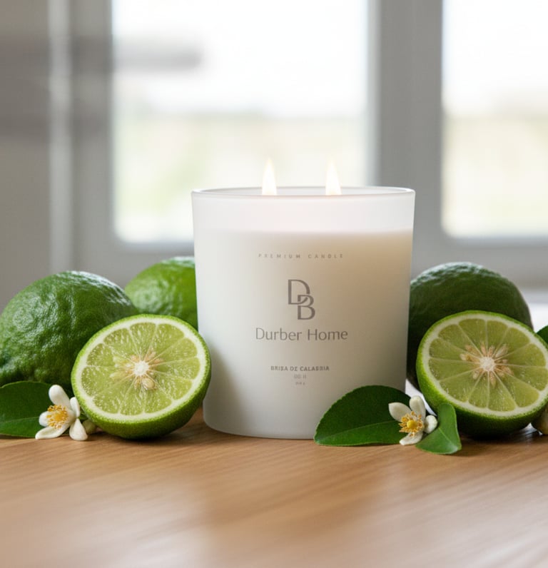 a candle with lime and limeade on a table
