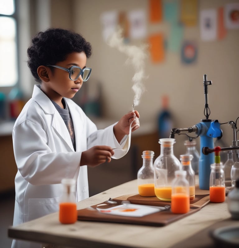 A young child wearing a white lab coat and safety goggles is standing in front of a table, appearing to conduct a science experiment. A metal container emits a misty vapor, creating a sense of activity and curiosity. The background features a neutral wall with blurred elements, such as orange stools and a tripod stand.