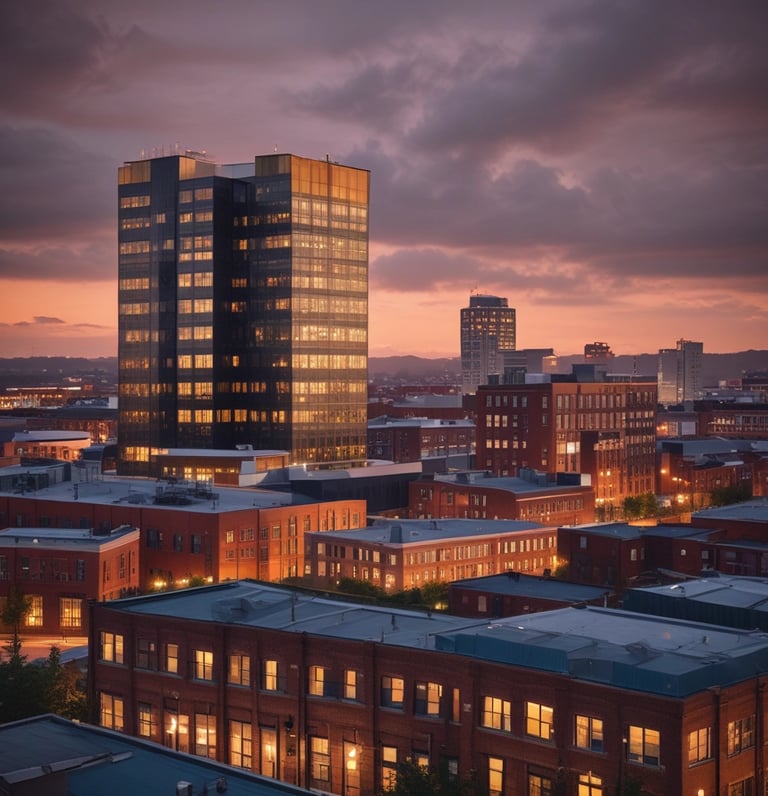 A dramatic navy-and-gold industrial luxury architectural shot showcasing Birmingham's modern urban skyline at dusk.