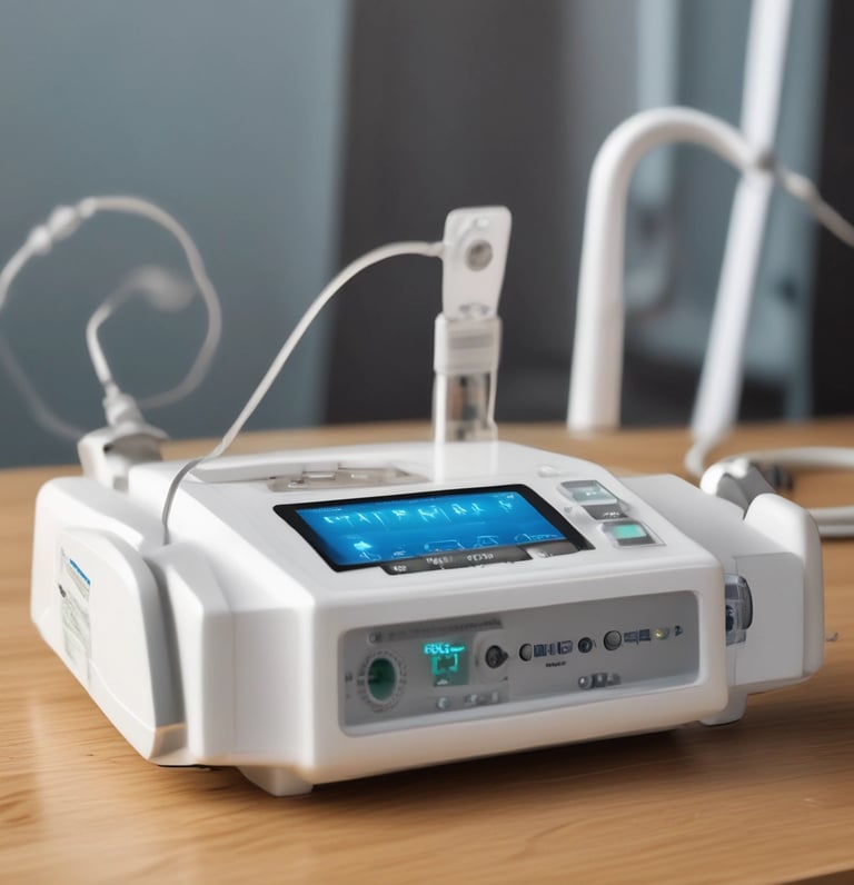 A device labeled 'NEBRA ANYBEAM' is placed on a bed of green grass. The device is rectangular and appears metallic or plastic, with two small round indicators on the top.