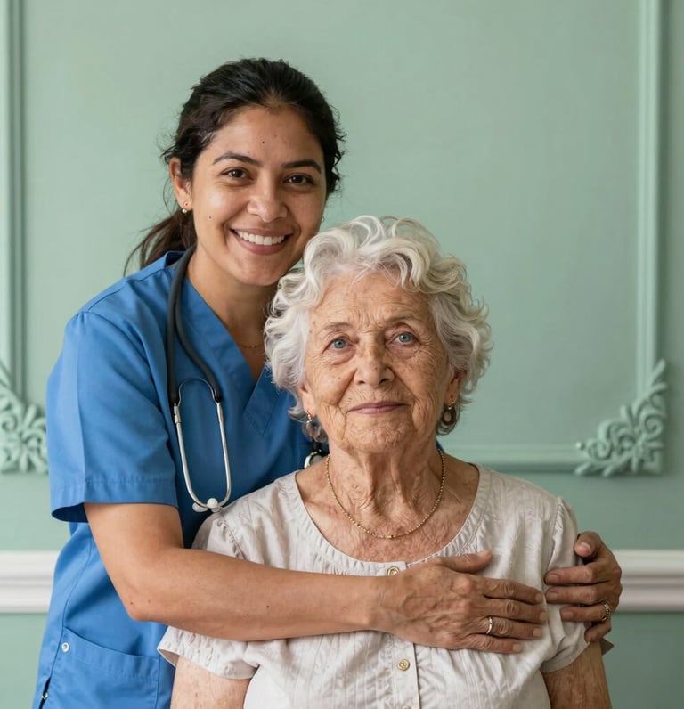 Warm and professional scene of a caregiver gently assisting an elderly person at home.