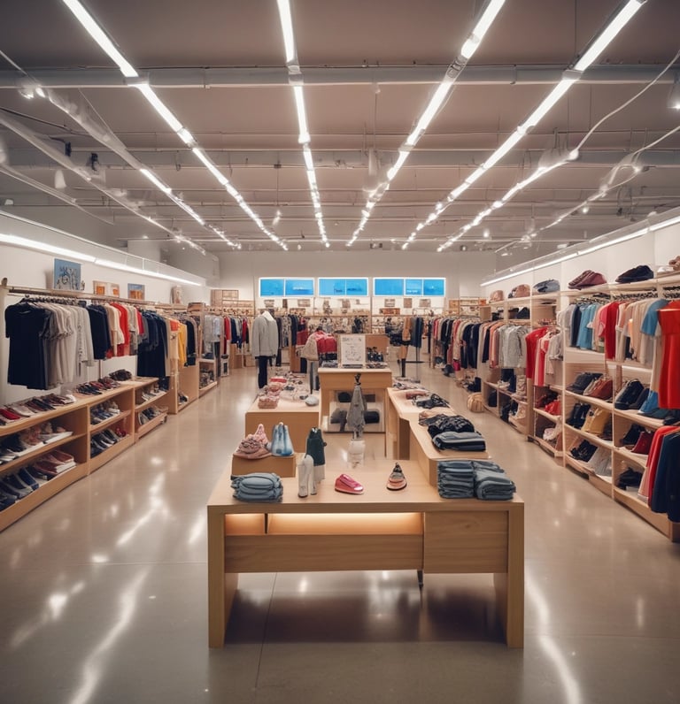 A spacious retail store with bright lighting and neatly arranged clothing and footwear displays. Mannequins wearing children's outfits are prominently featured in the foreground, while various clothes and shoes are organized on racks and shelves throughout the store. People are seen browsing and shopping in the background, adding a lively atmosphere to the setting.