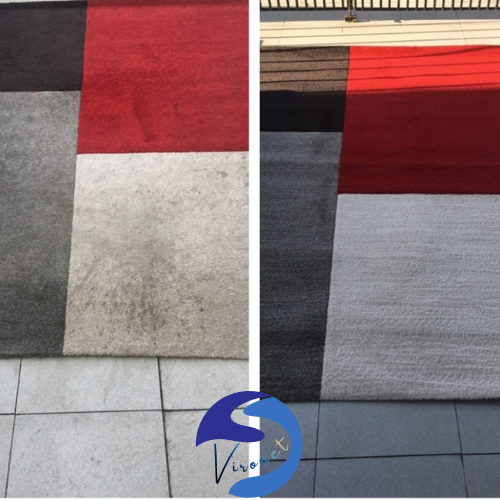 Avant-après du nettoyage d’un tapis noircí et encrassé, redevenu propre et éclatant après traitement