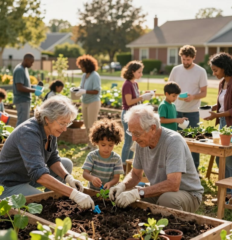 A diverse group of adults and children engaging in a community workshop.