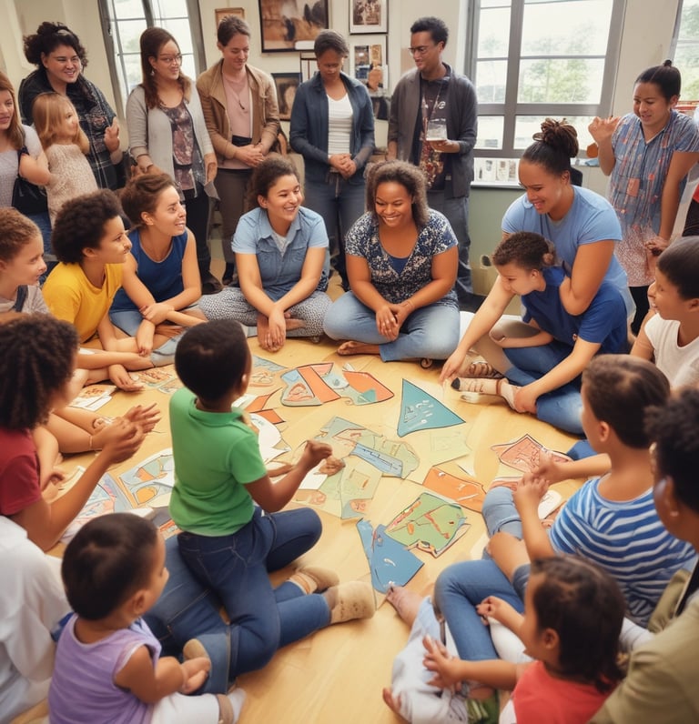 A diverse group of adults and children engaging in a community workshop.