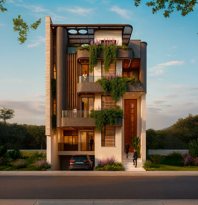 Render final de Casa 43 con fachada moderna y vegetación vertical.