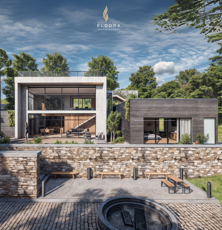 Fachada moderna en concreto y madera, con zona exterior y fogata.