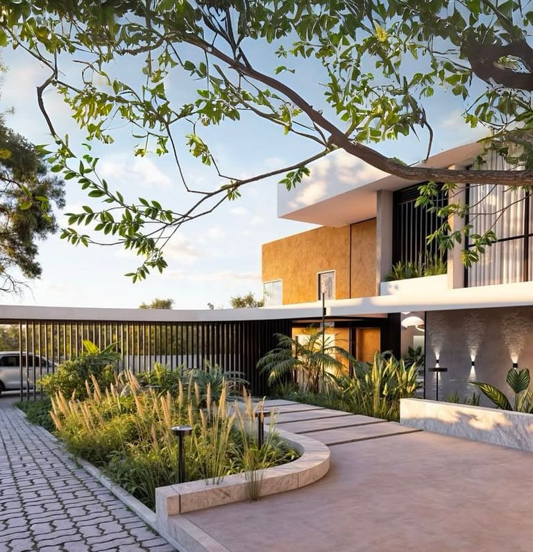 Fachada moderna con jardines y diseño volumétrico.
