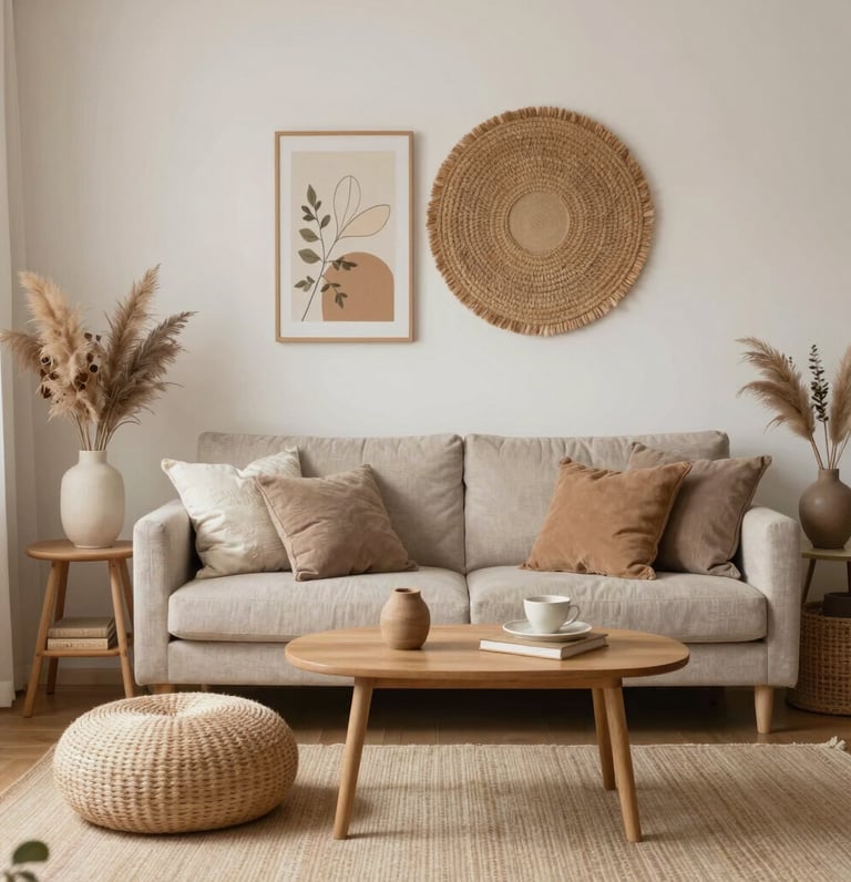 A warm, inviting living room with soft lighting, natural textures, and tasteful decor accents.