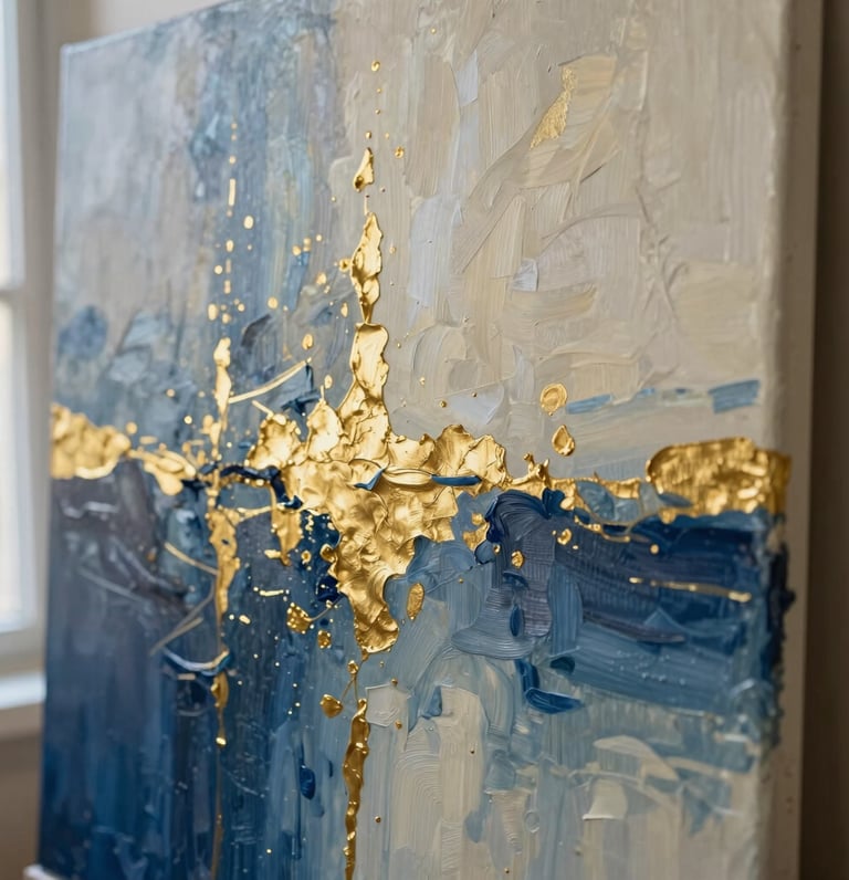 Wide shot of an abstract oil painting with heavy golden textures and deep midnight blue strokes, soft side lighting