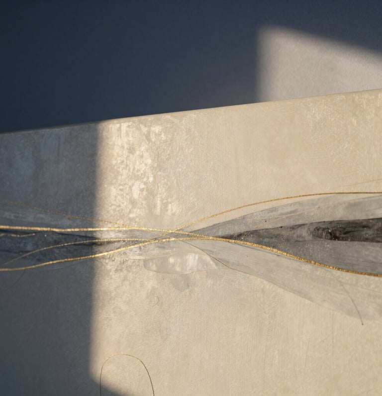 Wide shot of an abstract painting with layers of ivory, charcoal gray, and delicate gold lines, soft morning light