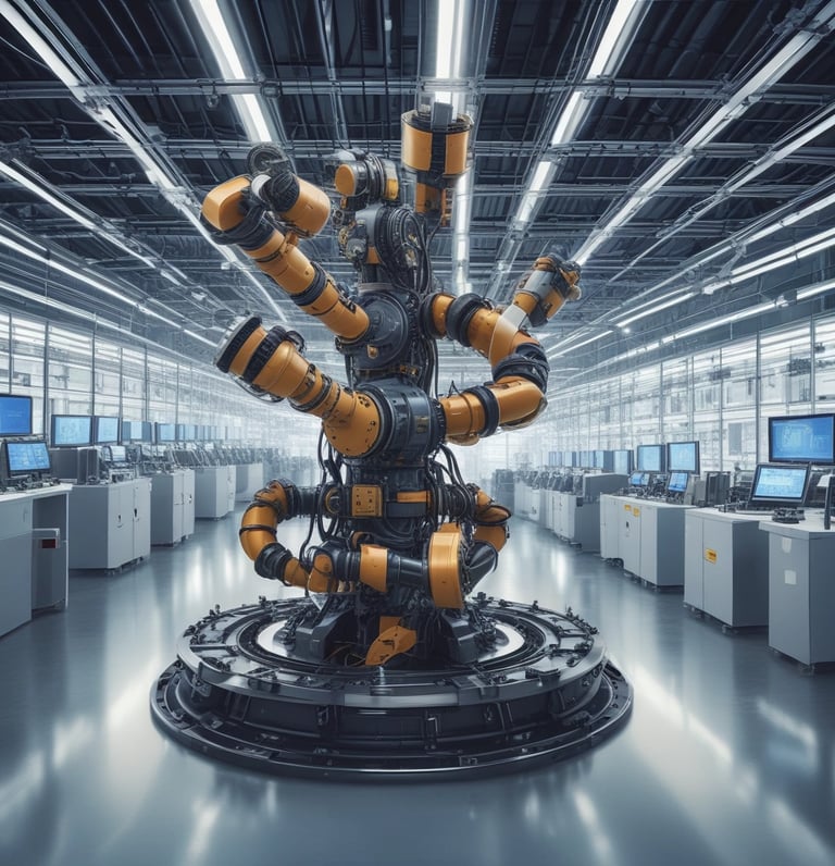 A sleek industrial setting with high-tech electronic components and machinery bathed in navy blue and slate gray tones.