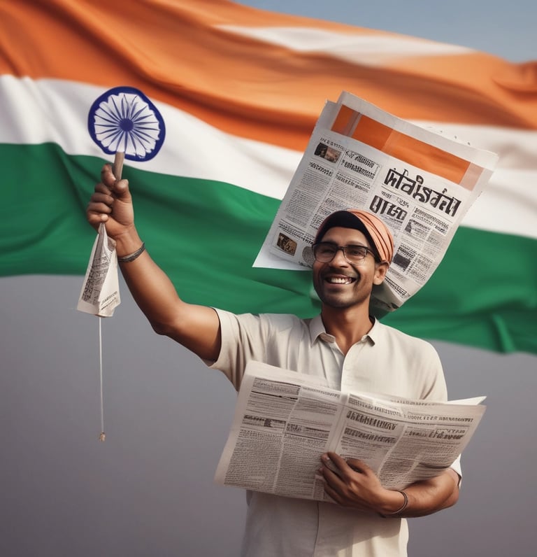 A vibrant newsroom with journalists actively reporting and screens showing breaking news updates.