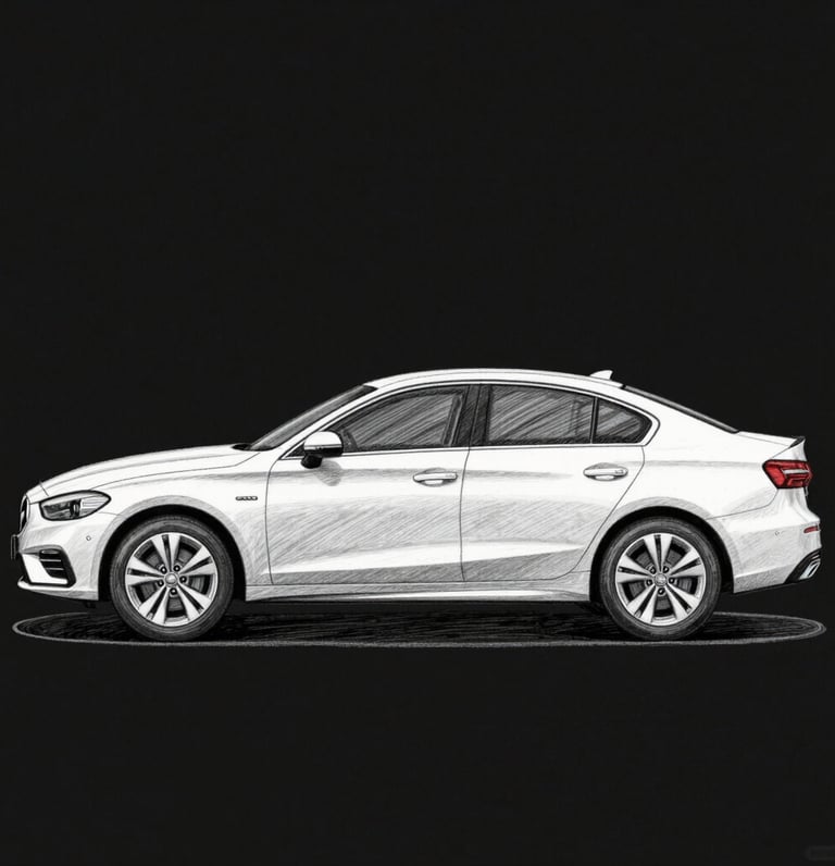 A warm-toned illustration of a family happily examining a car in a cozy dealership setting.