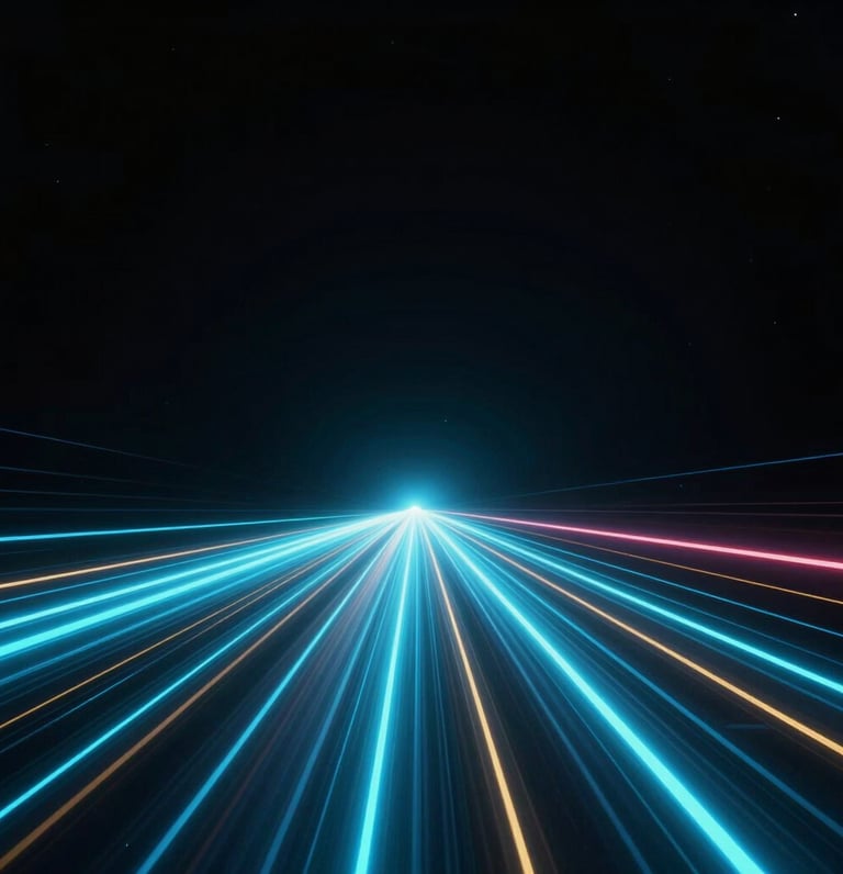 Abstract glowing horizon lines with a circular lens motif against a deep dark background, evoking a sleek, futuristic digital space.