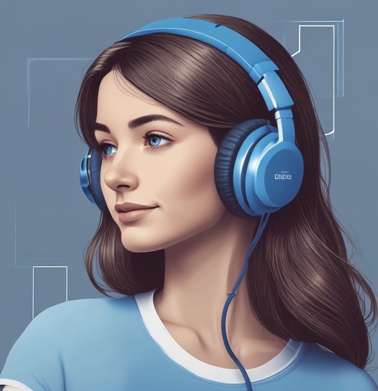 A young woman with brown hair wearing blue over-ear headphones listening to music.