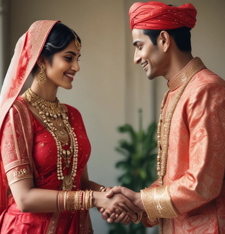 A joyful Indian couple smiling and holding hands in a vibrant outdoor setting.