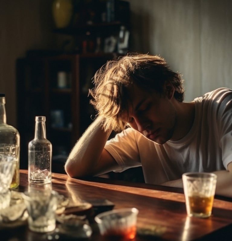 A depressed man leaning his head on his hand at a table with empty liquor bottles and alcohol glasses.