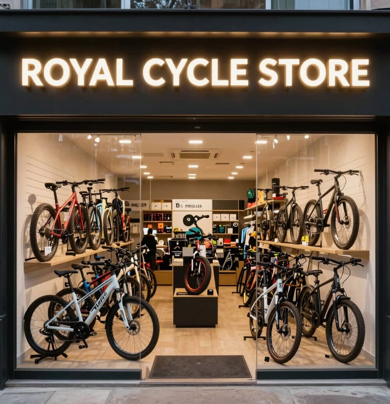 A vibrant storefront of Royal Cycle Store with rows of Hero and Hercules cycles on display under bright daylight.