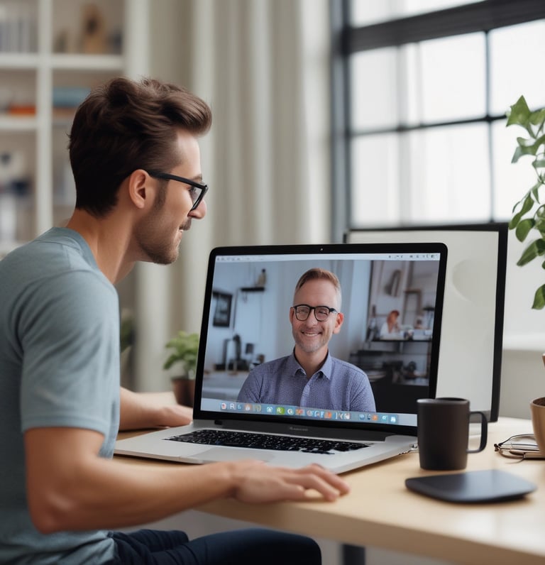 A confident coach standing in front of a laptop and whiteboard with digital strategy notes.