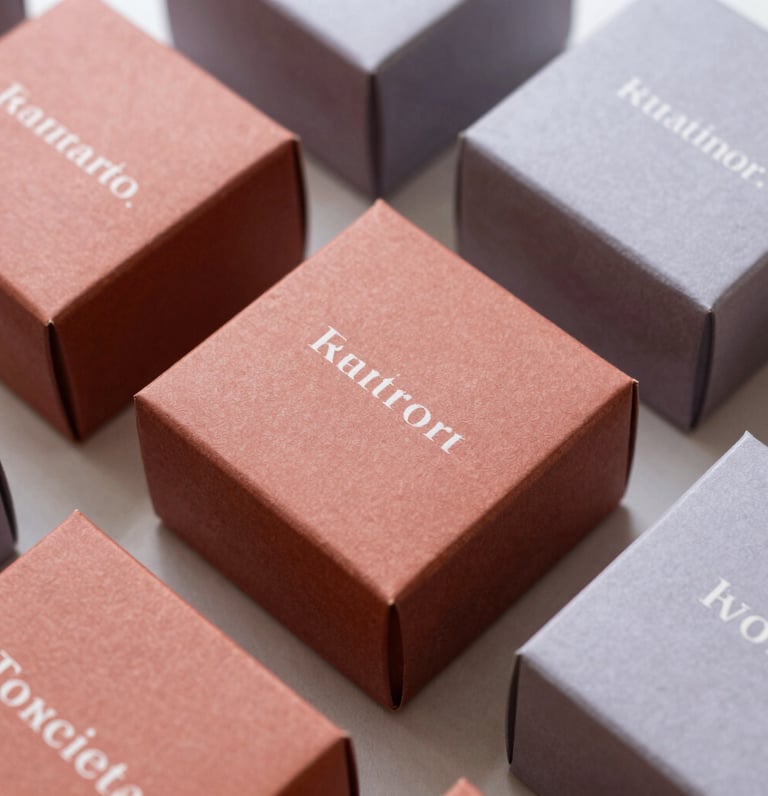 Flat-lay of bespoke packaging boxes in soft terracotta and mist lavender tones with elegant typography