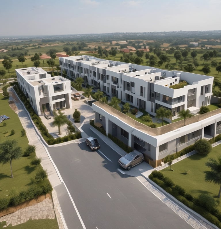 A vibrant aerial view of a well-planned residential layout with green spaces and clear roads under a bright sky.