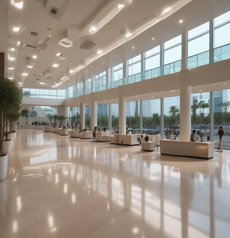 A modern hospital corridor with medical engineers inspecting equipment, showcasing professionalism and care.