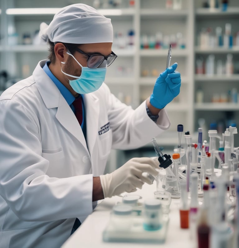 A clean, modern laboratory setting with scientists working amidst molecular models and pharmaceutical equipment.