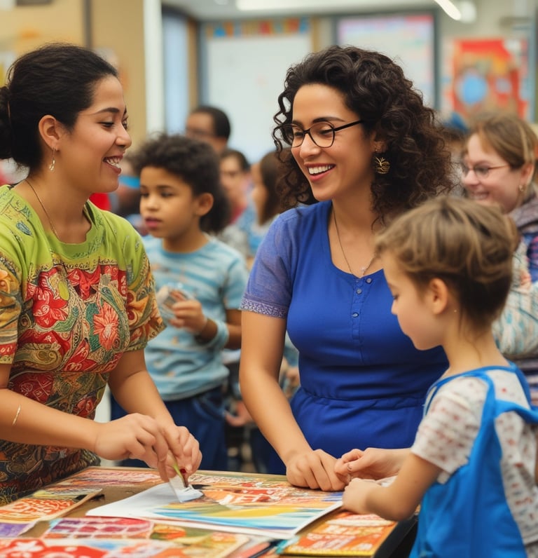 A diverse group of smiling students and teachers engaged in a lively bilingual classroom activity.